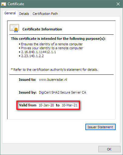 Certificate pop-up window general tab